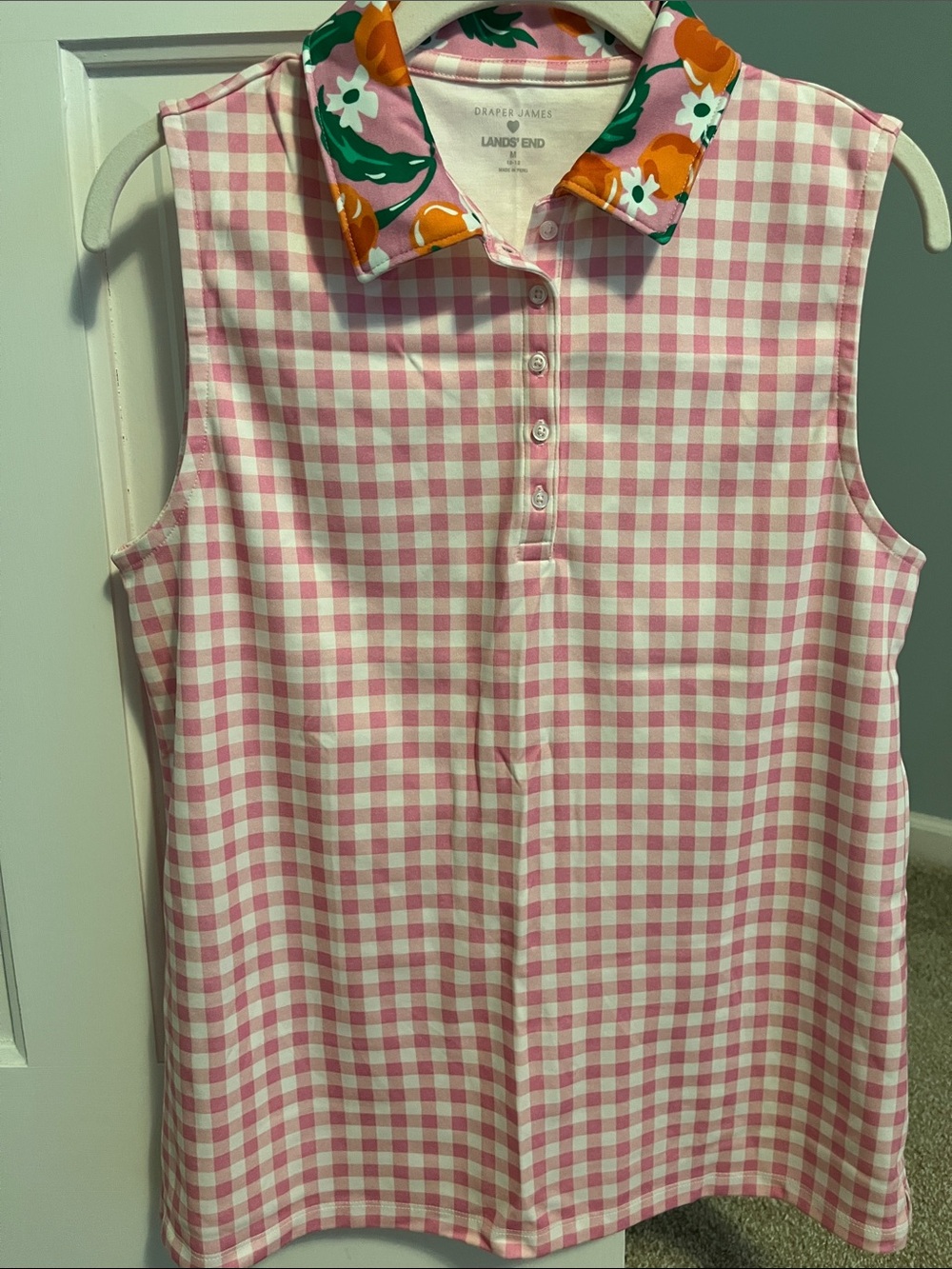 Lands End Draper James Sleeveless Polo with Floral Collar - Pink & White